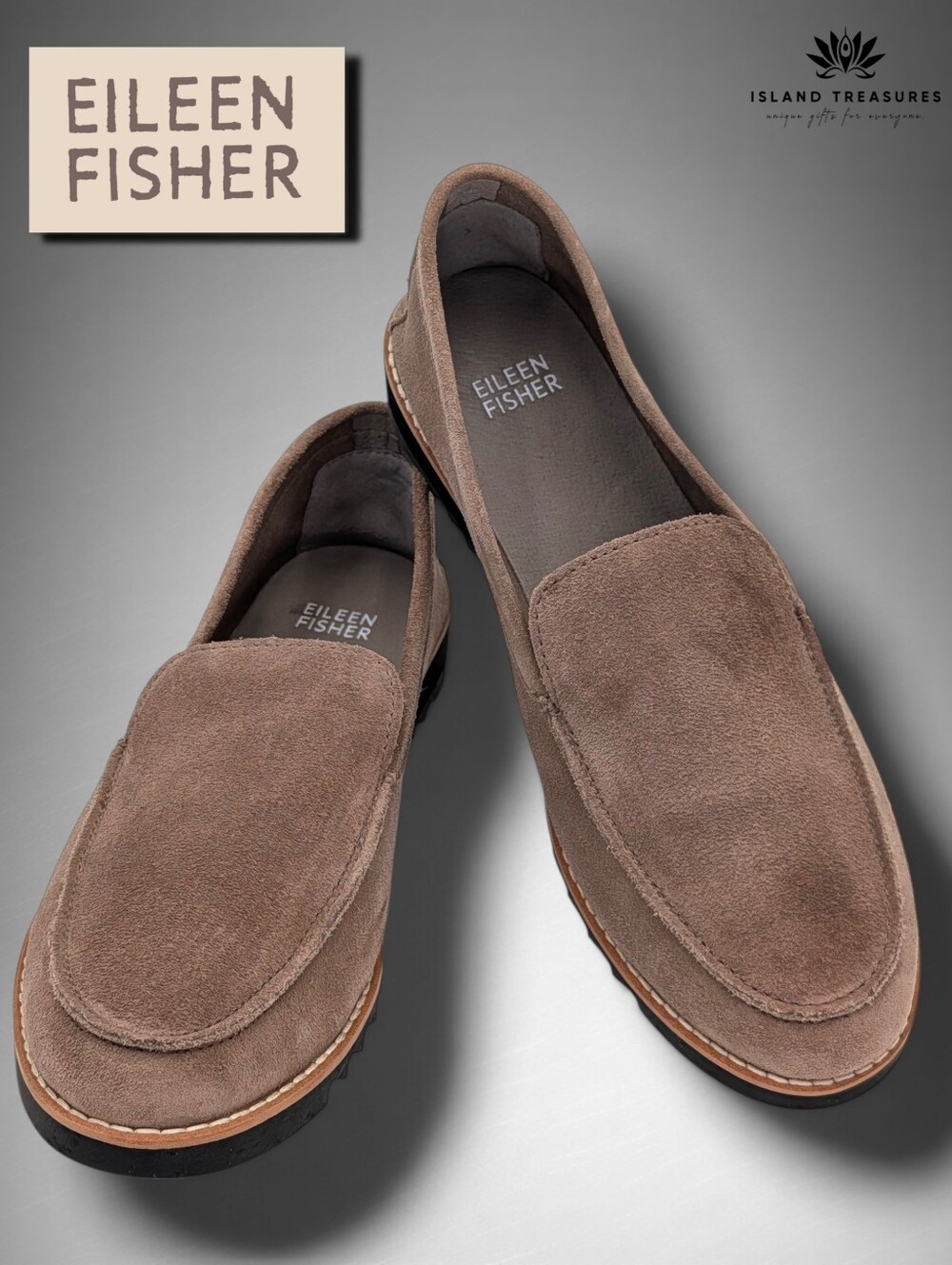 Eileen Fisher Sz 8.5M Essa Suede Loafer Taupe Lug Sole Apron Toe Slip-On Comfort